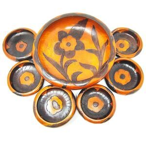 Vintage Acacia Wood Salad Bowl Set Floral Hand Carved Haitian Boho Brown